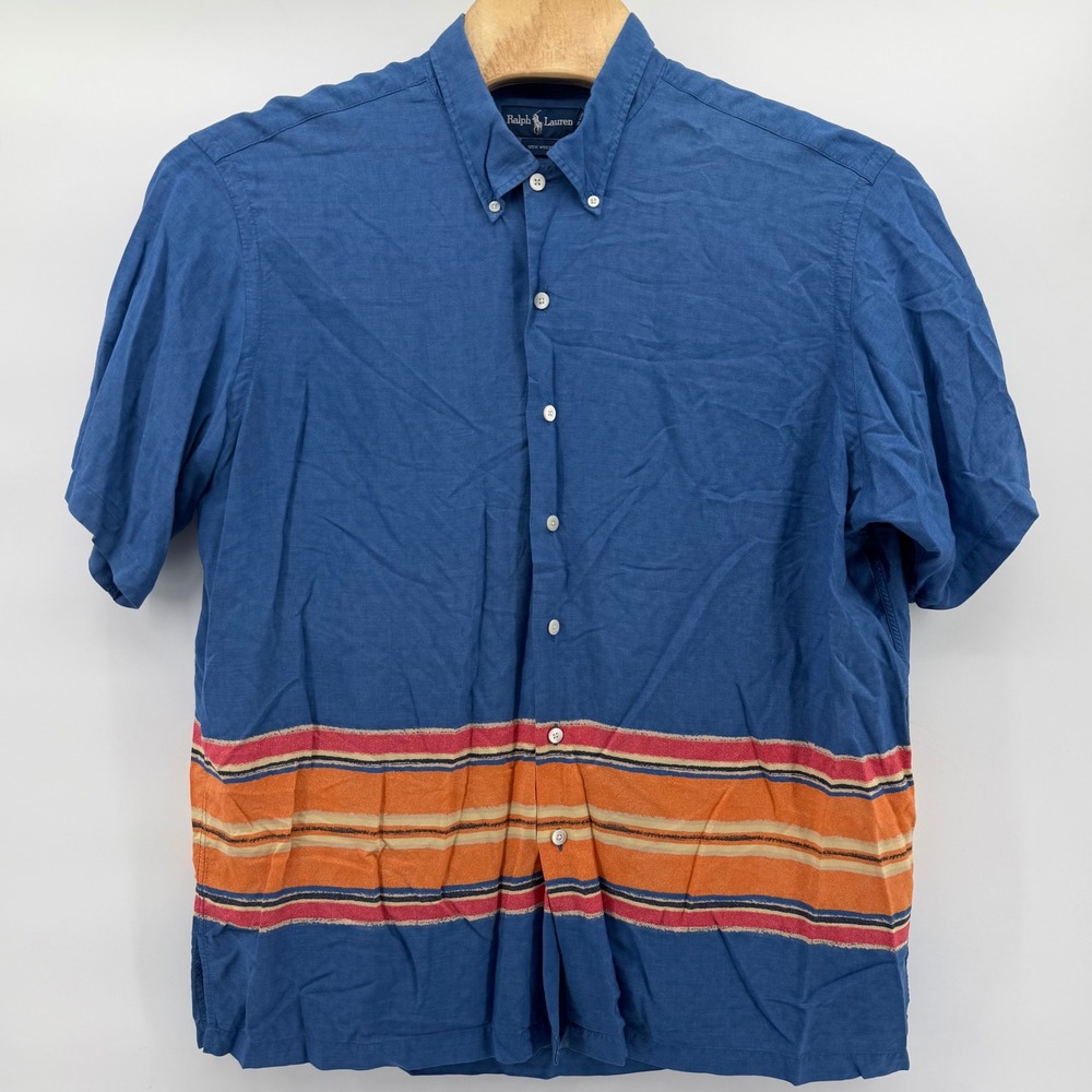Ralph Lauren Button Down Shirt Mens XL Blue Orange Striped Viscose Short Sleeve